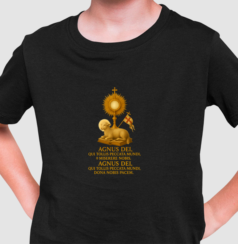 Camiseta Infantil Agnus Dei, Qui Tollis Peccata Mundi, 2xMiserere Nobis. Agnus Dei, Qui Tollis Paccata Mundi, Dona Nobis Pacem.