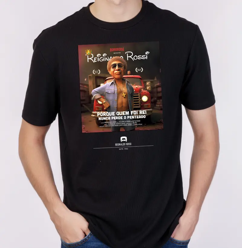 Camiseta Masculina Poster RR Gerada estilo animação Preta/Colorida