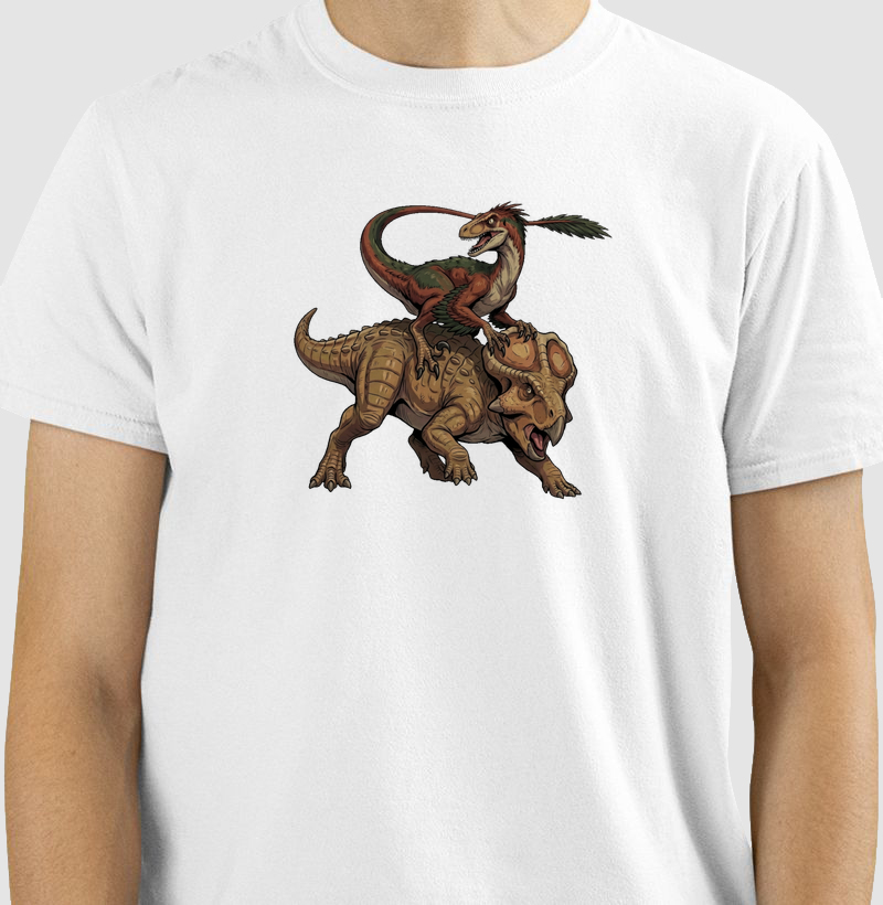 Camisa Algodão Estampada Velociraptor VS Protoceratops Premium Dinoloco