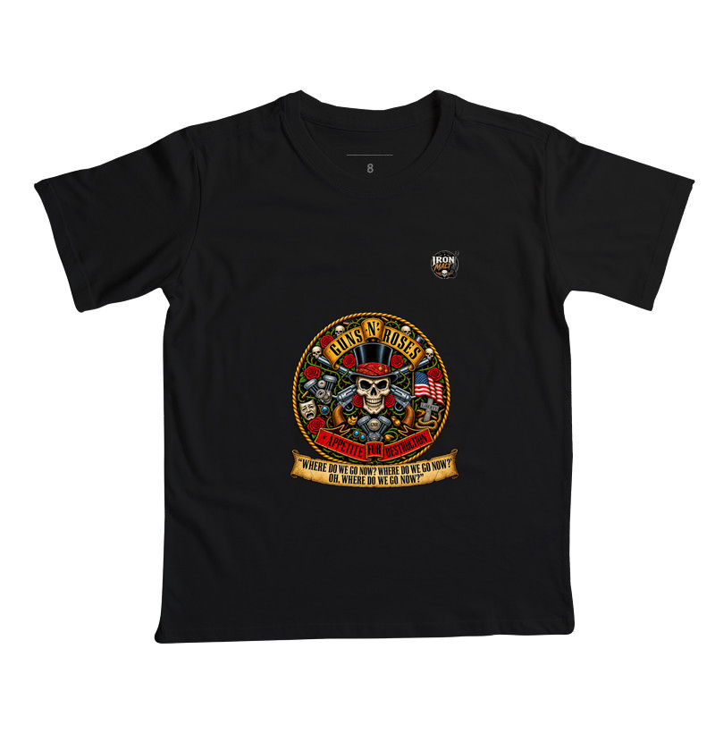 Camiseta Guns N’ Roses Caveira, Rosas e Revólveres - Camiseta Infantil