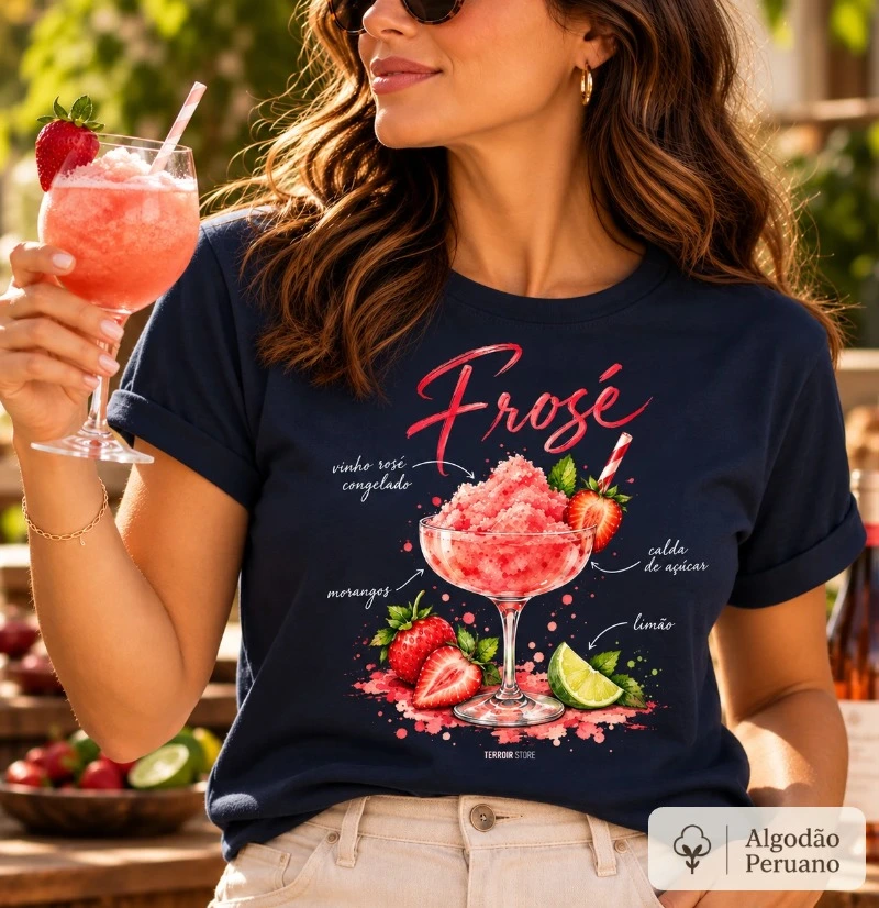 Camiseta Algodão Peruano Frosé – Drink com Vinho Rosé e Morango - Camiseta Algodão Peruano