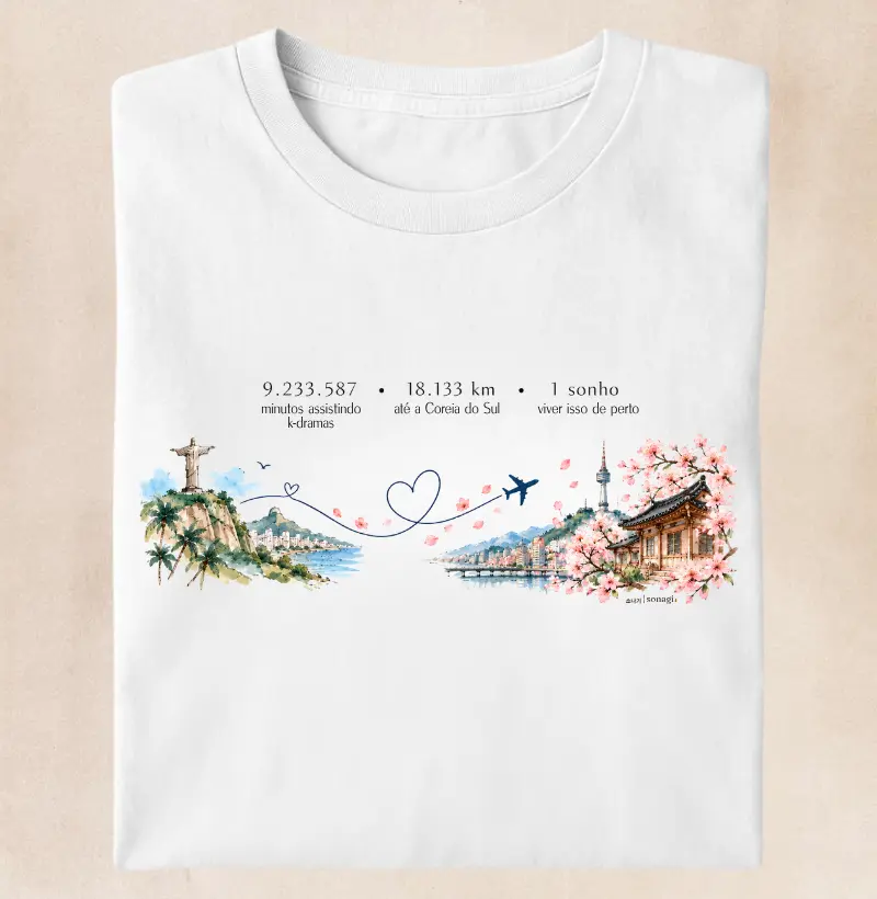 18.133 km de Distância Brasil e Coreia| Camiseta Dorameira em Aquarela - Camiseta