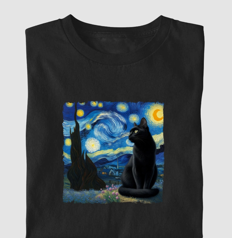 Gato Preto em Noite Estrelada