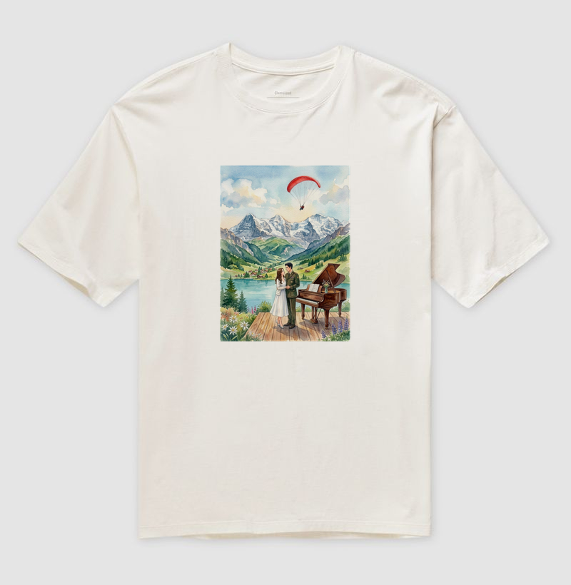 Camiseta Oversized aquarela - Suíça, piano, coreia do sul e do norte, casal, pousando