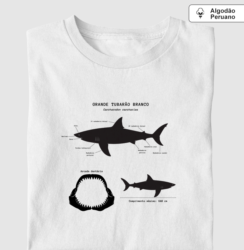 Anatomia Grande Tubarão Branco - Camiseta Algodão Peruano