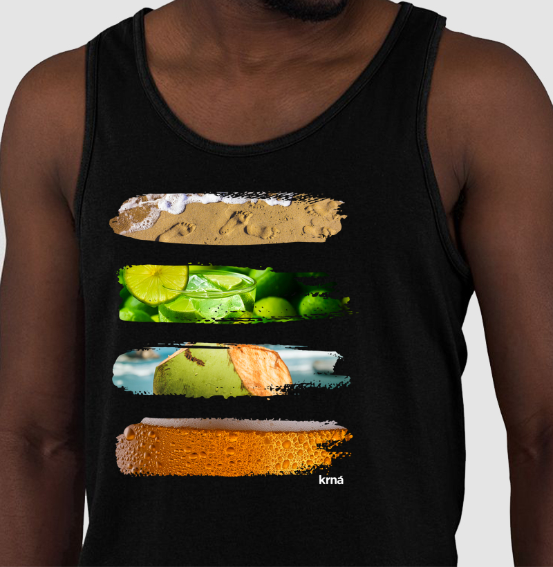 Camiseta Regata Samba Pé na Areia, Caipirinha, Água de Coco & Cervejinha