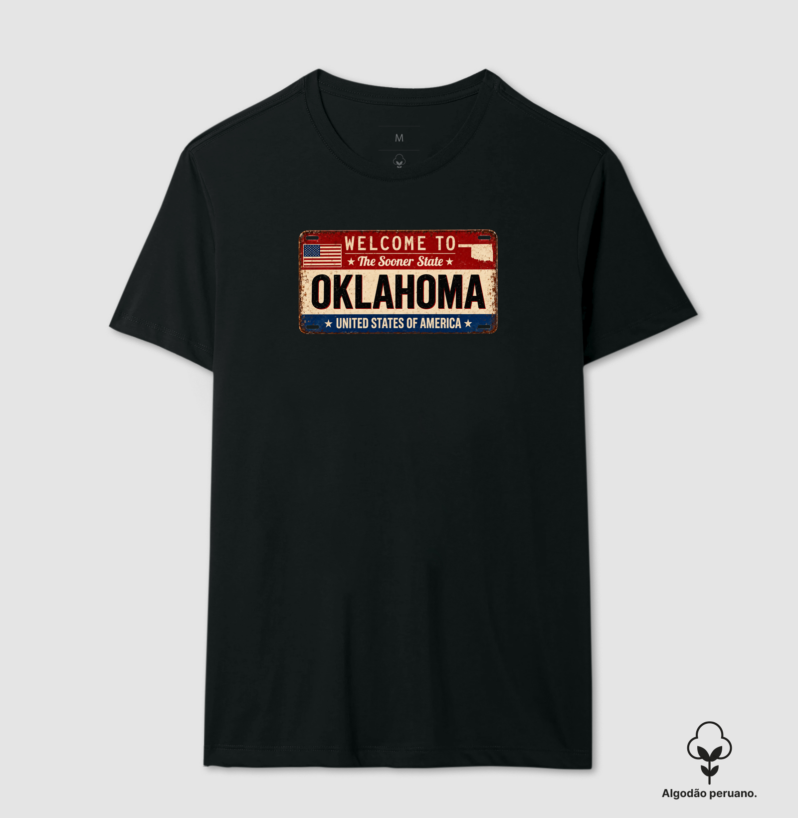 Oklahoma (placa envelhecida) - Camiseta Algodão Peruano