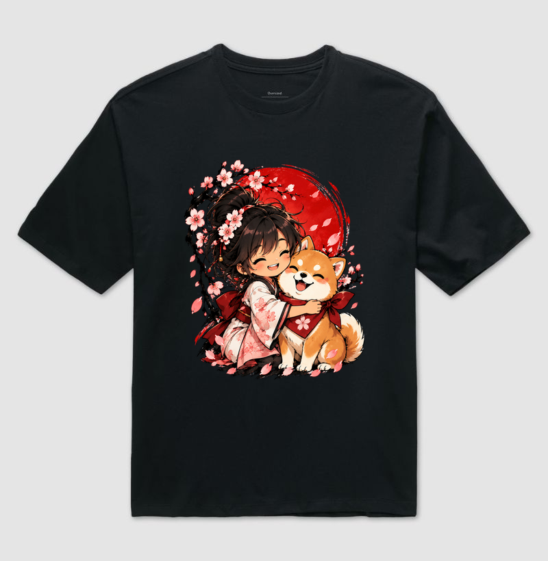 Sakura & Shiba — Amizade que Floresce - Camiseta Oversized