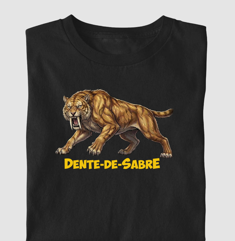 Camiseta Dinossauro Tigre Dente-De-Sabre Rugindo Algodão Premium Dinoloco