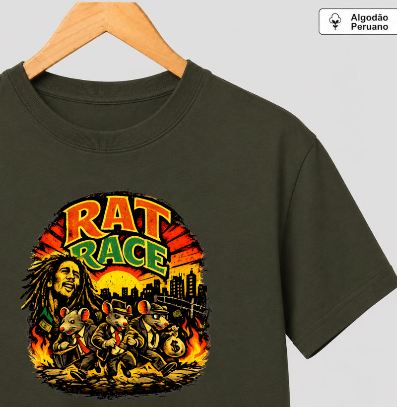 Camiseta Rat Race.  Coleção Reggae Music. Masculina e Feminina.. Algodão Peruano.