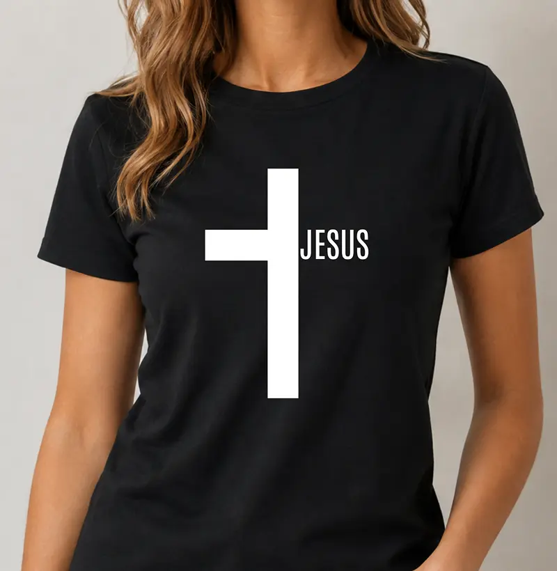 Camiseta Fem. Cruz Jesus - Estampa Branca - Camiseta