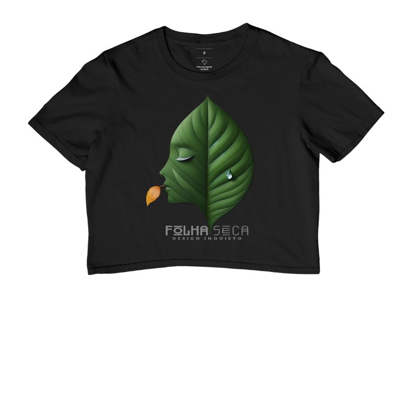 Camiseta Estampa Rosto Folha com Gota D'agua Folha Seca