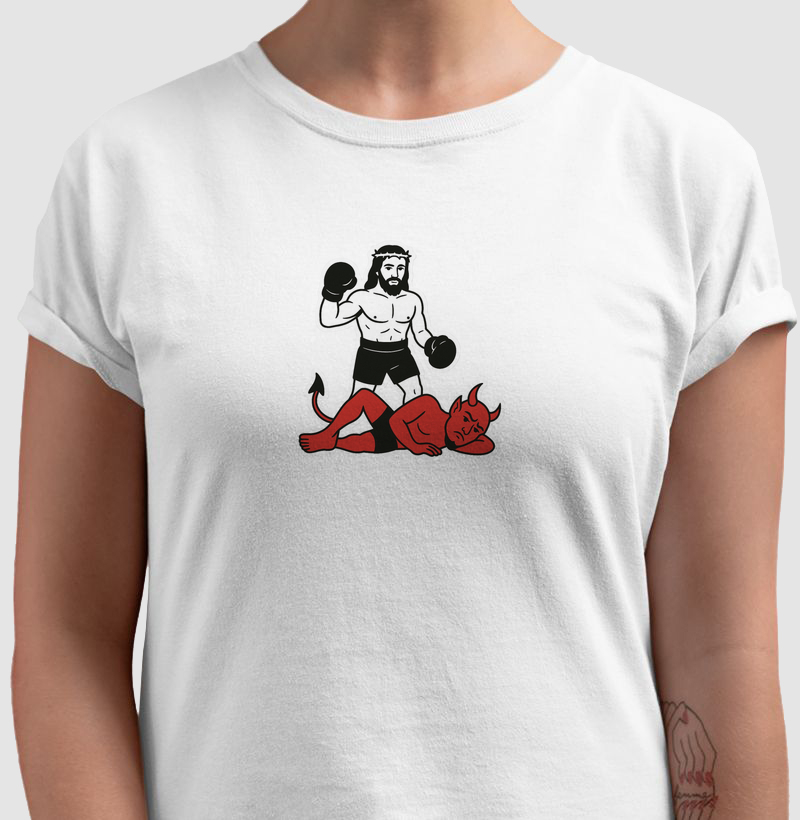 Camiseta "Jesus derrubando Satanás"