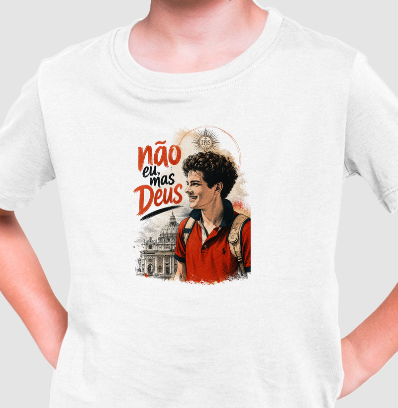 Camiseta Infantil Carlo Acutis Não Eu, Mas Deus