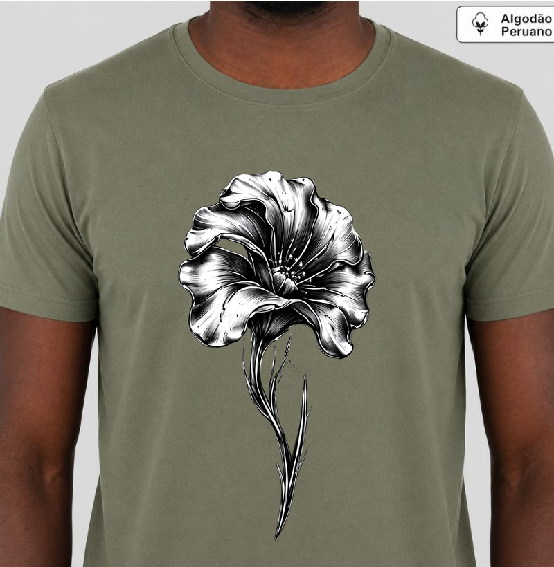Camiseta Algodão Peruano Flor Preta e Branco