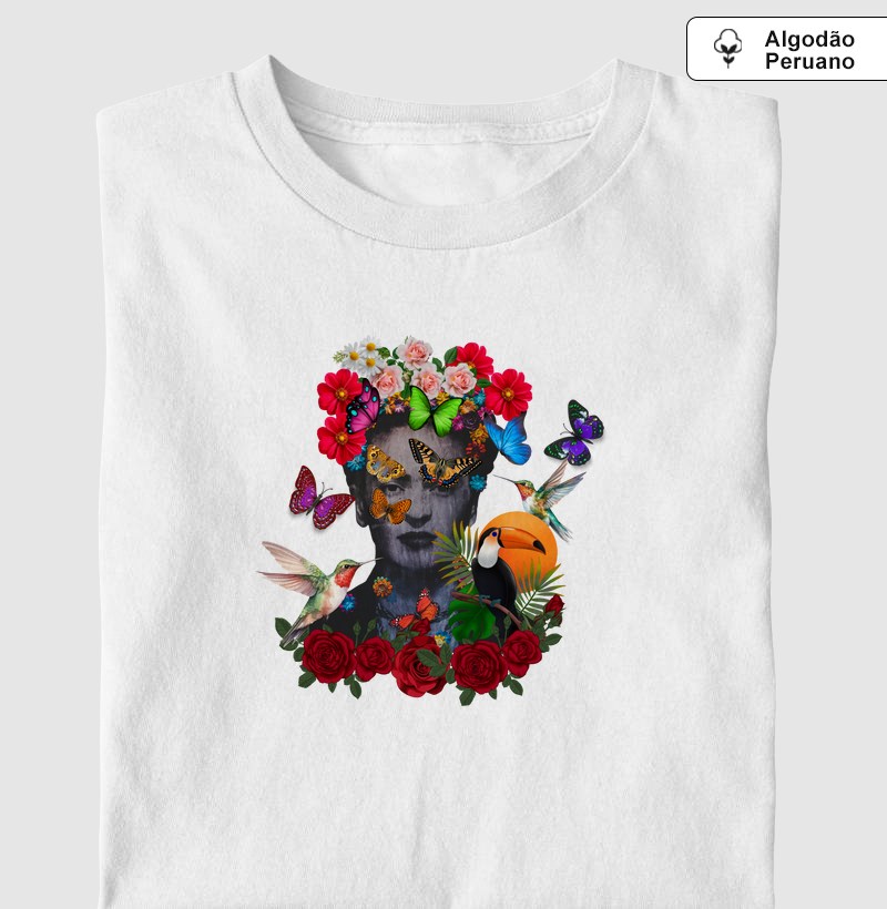 Retrato de Frida Kahlo com flores e borboletas