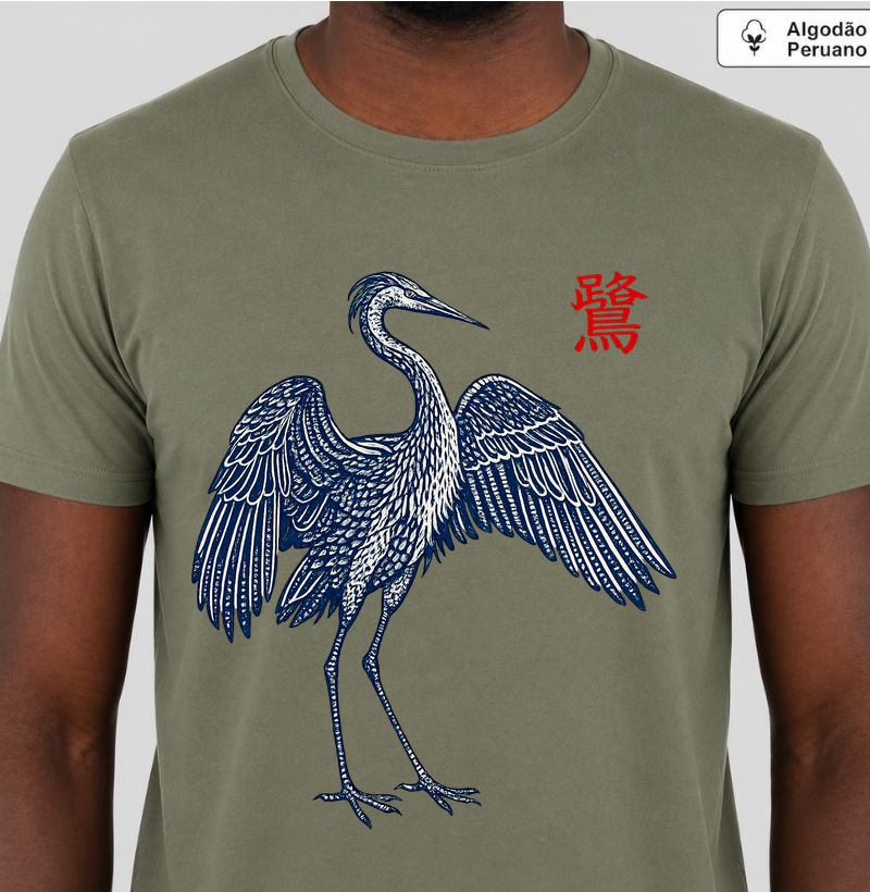 Camiseta Arte Japonesa Garça Azul Vintage Minimalista Algodão Premium Peruano 