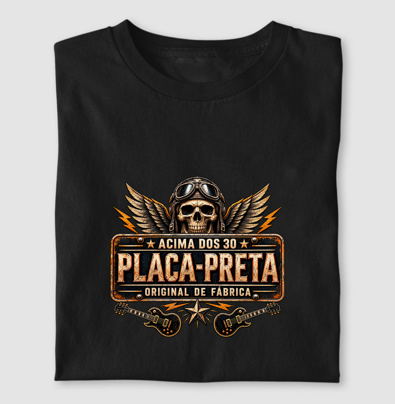 Camiseta Rock Placa Preta Acima dos 30 – Estampa Caveira Aviador e Guitarras - Camiseta