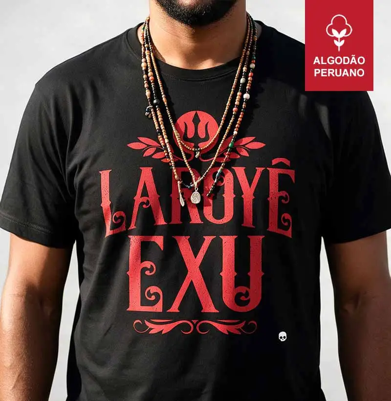 Camiseta Umbanda Laroyê Exu - Em Algodão Peruano - Camiseta Algodão Peruano