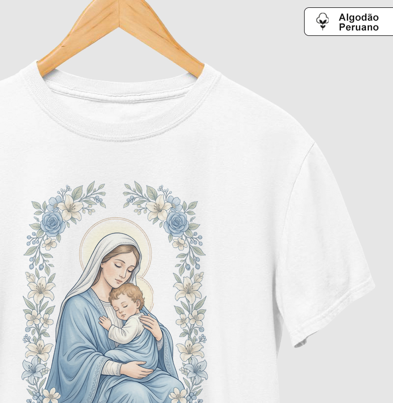Camiseta Algodão Peruano Maria e o menino Jesus