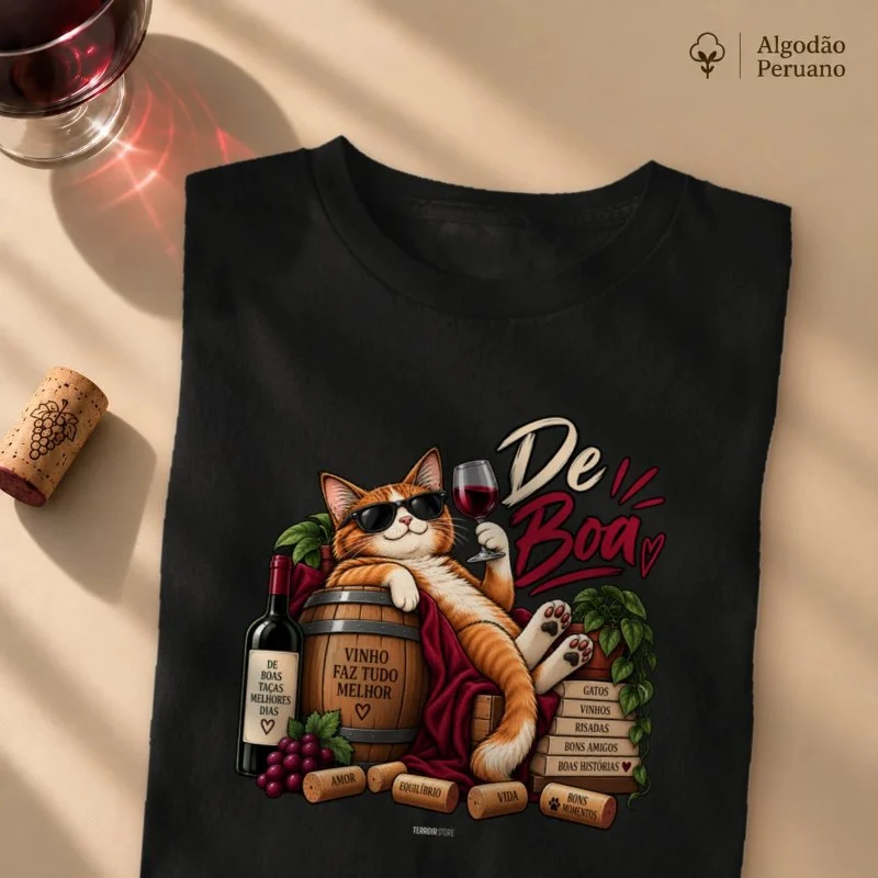 Camiseta “De Boa” Gato com Vinho – Estilo Relax & Life Mood