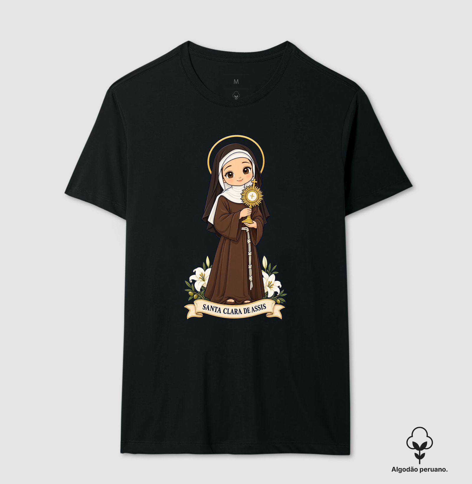Santa Clara de Assis estilo chibi - Camiseta Algodão Peruano