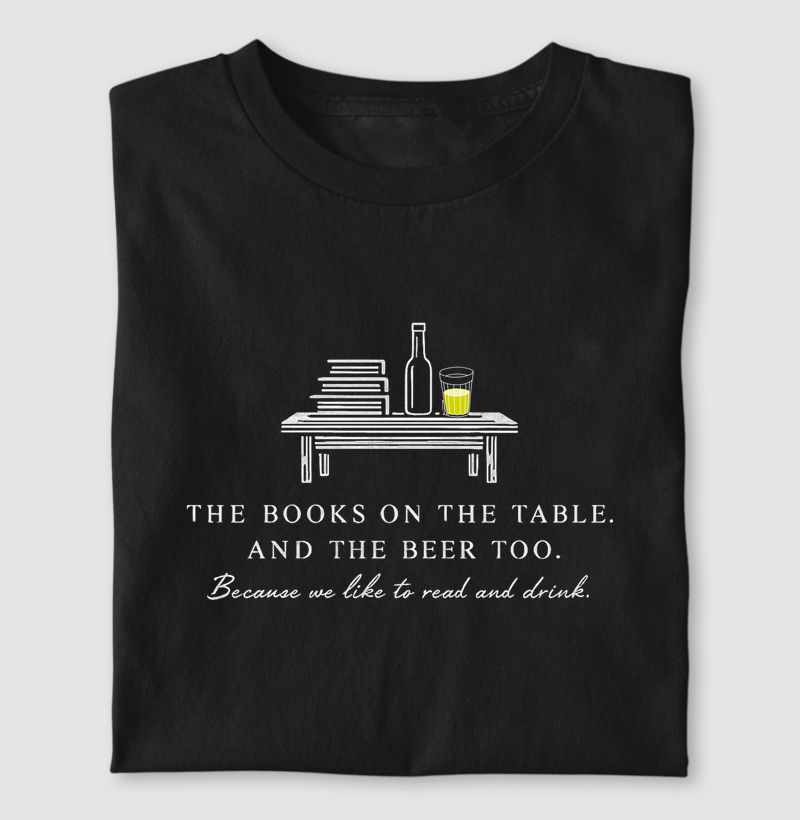 The books on the table and beer too