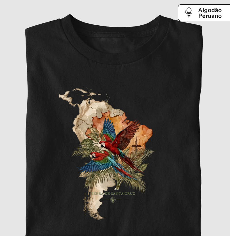 Arara-Vermelha - Terra de Santa Cruz - Fé, História e Natureza - Camiseta Algodão Peruano