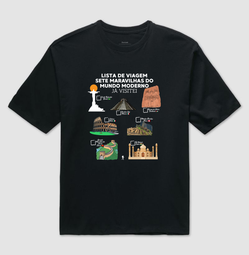Camiseta Lista de Viagem Sete Maravilhas do Mundo Moderno | Marque as que Ja Visitou | Colecao Personalizaveis