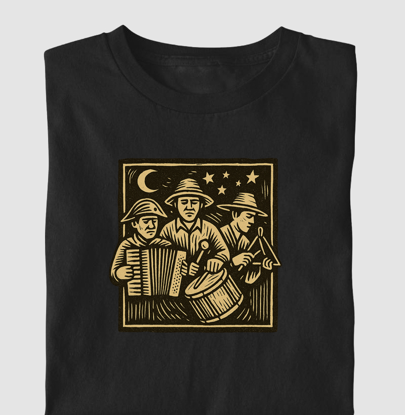 Xilogravura estilizada com o trio