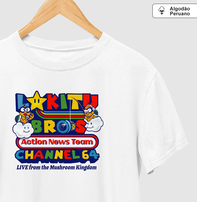 Mario Bros - Lakito Bros Channel 64 - Camiseta Algodão Peruano