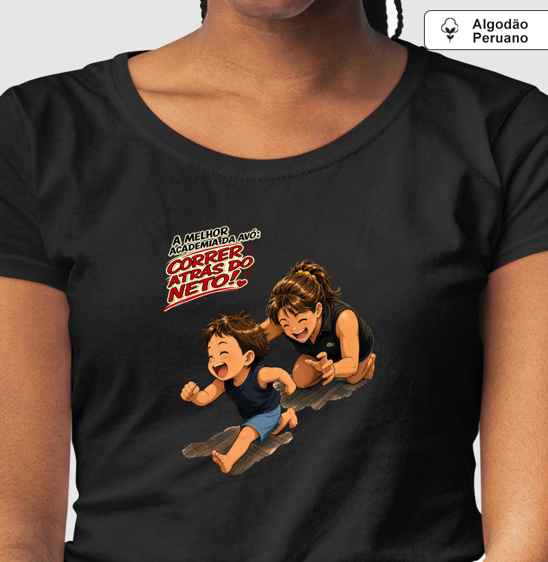 Camiseta Masculina, Feminina, Babylook e Unissex de Algodão Peruano Corrida "A melhor academia da avó" - Avó e neto