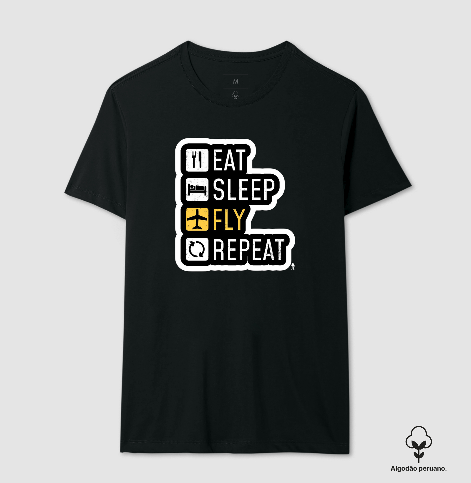 Camiseta Eat Sleep Fly Repeat | Rotina do Viajante Viciado | Colecao Viciados em Viagem
