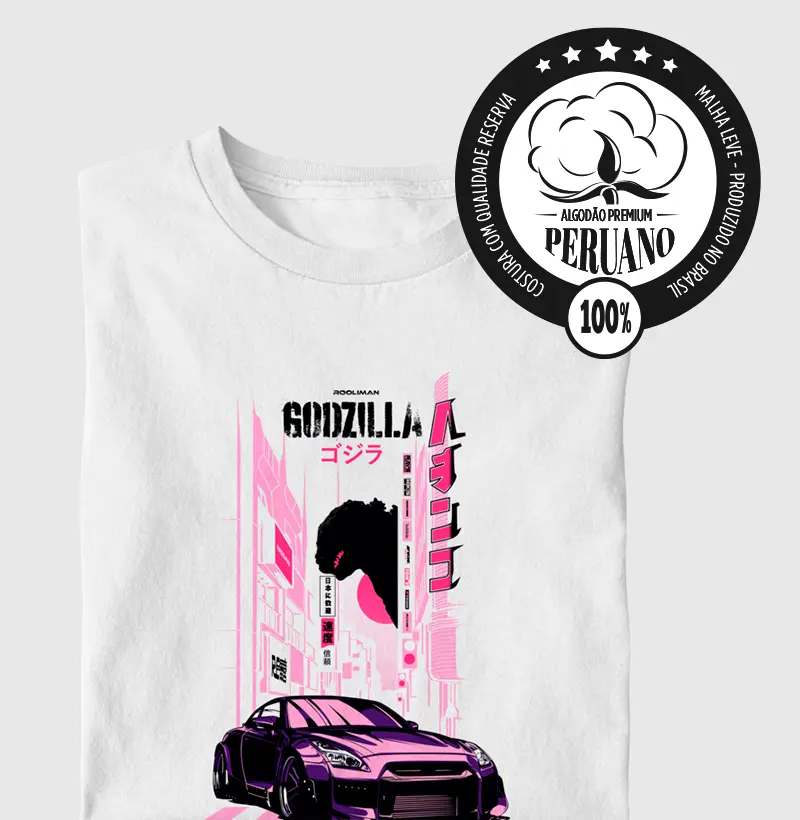 Camiseta Algodão Peruano Godzilla branca - Rooliman