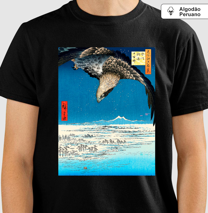 Camiseta Utagawa Hiroshige Águia sobre o Monte Fuji | Arte Japonesa Ukiyo-e | Algodão Peruano Premium