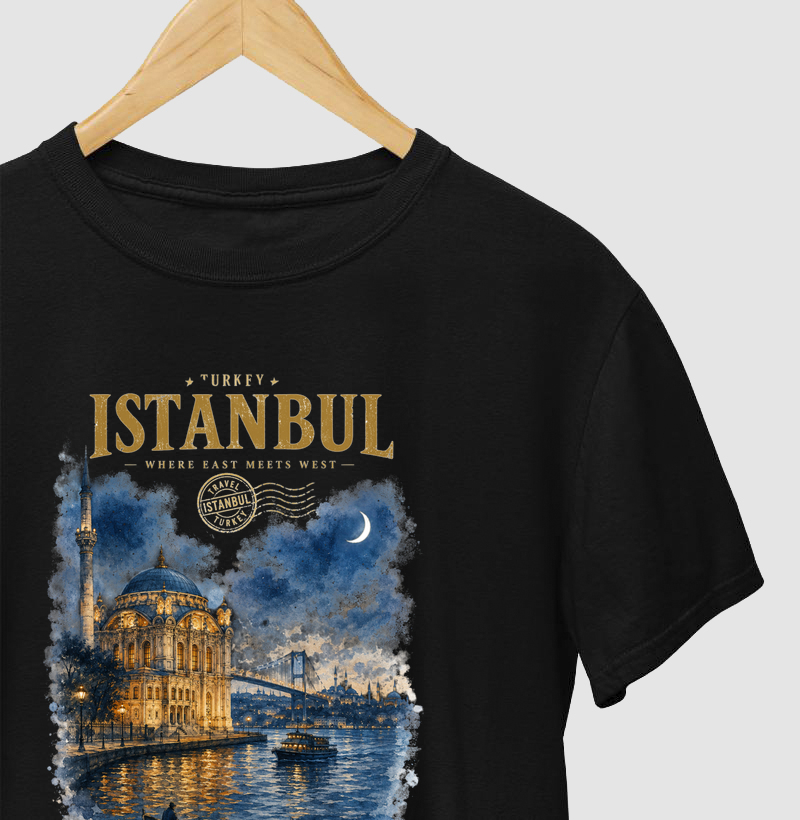 Camiseta Istanbul Turkey Where East Meets West | Aquarela Mesquita Bósforo | Colecao Fashion Travel