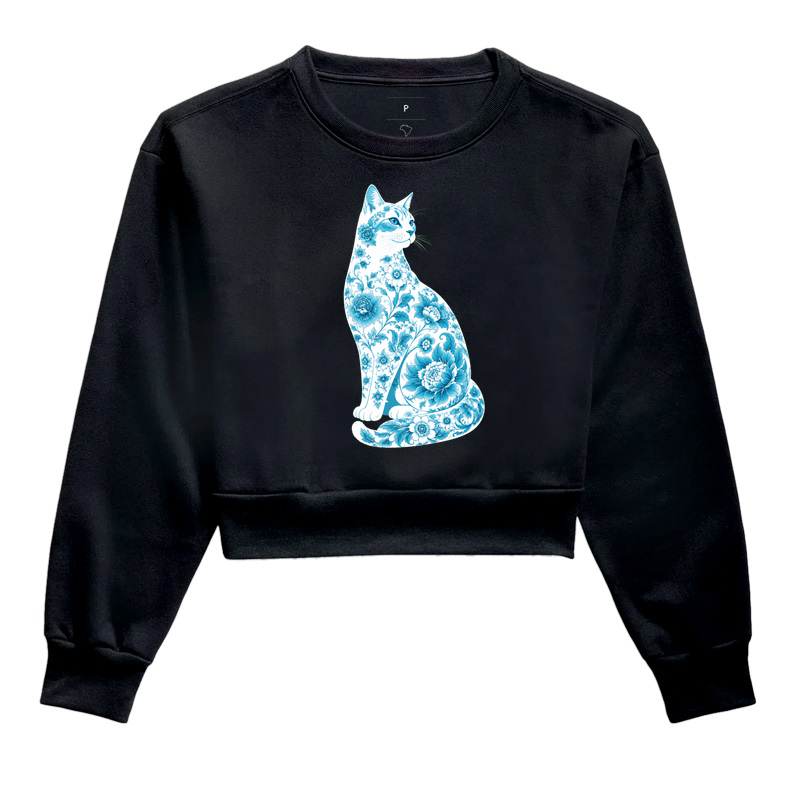 Gato Floral Azul - Cropped Moletom