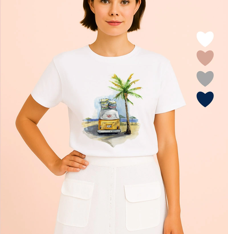 Camiseta Feminina Ilustrada Kombi Amarela