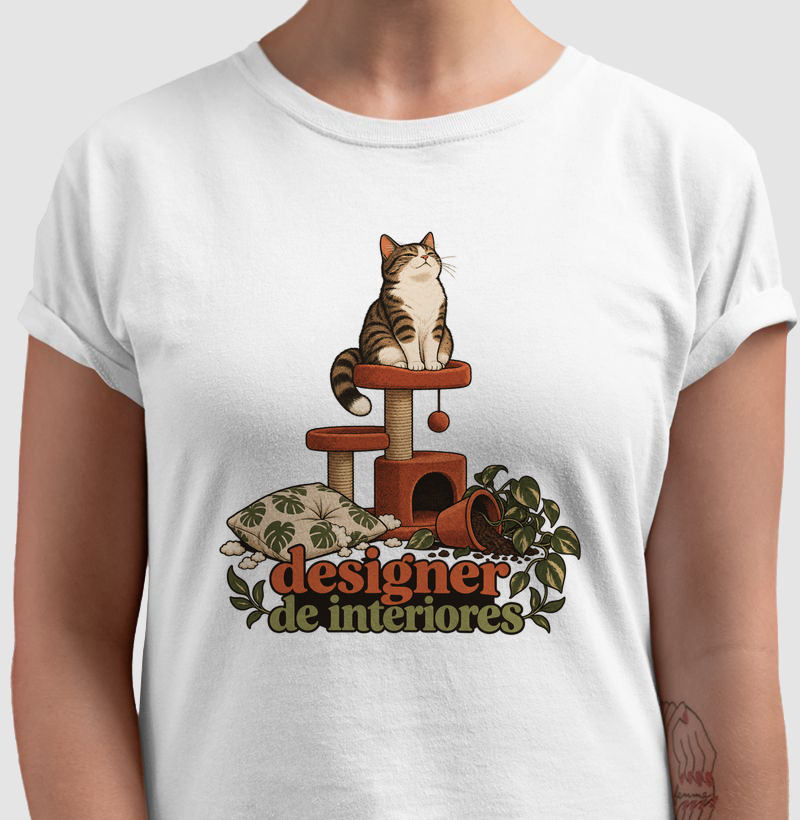 Camiseta Gato Humor "designer de interiores" | Pelo & Pano