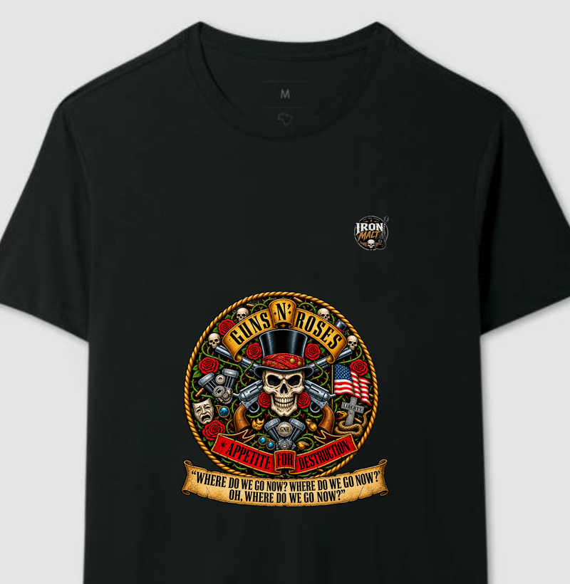 Camiseta Guns N’ Roses Caveira, Rosas e Revólveres - Camiseta