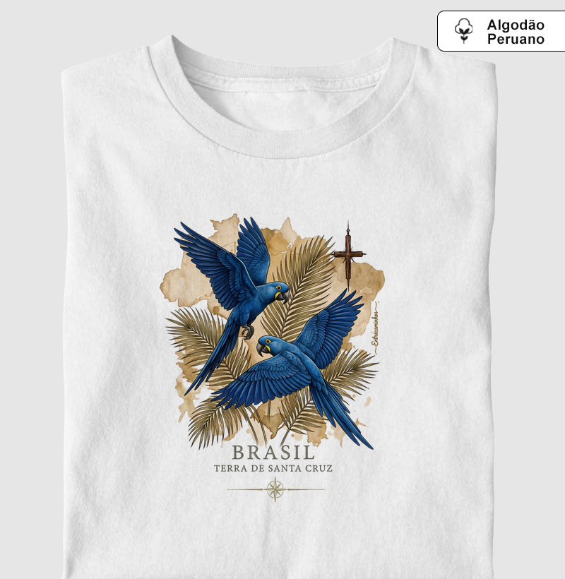Arara-Azul-de-Lear - Brasil Terra de Santa Cruz - Fé, História e Natureza - Camiseta Algodão Peruano