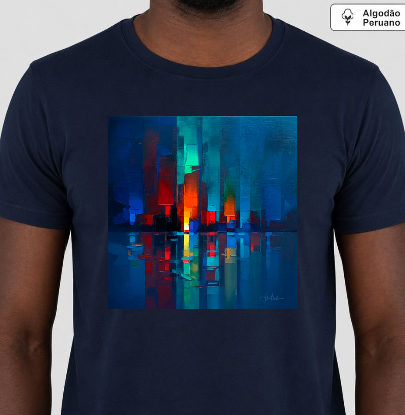 Camiseta Algodão Peruano Abstrata Skyline Noturno 