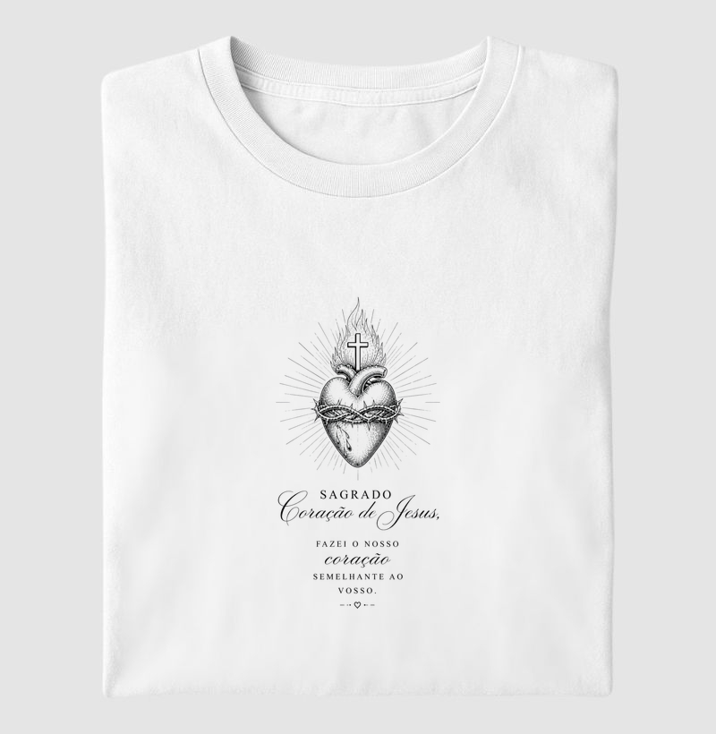 Camiseta Sagrado Coração de Jesus Fazei o Nosso Coração Semelhante ao Vosso