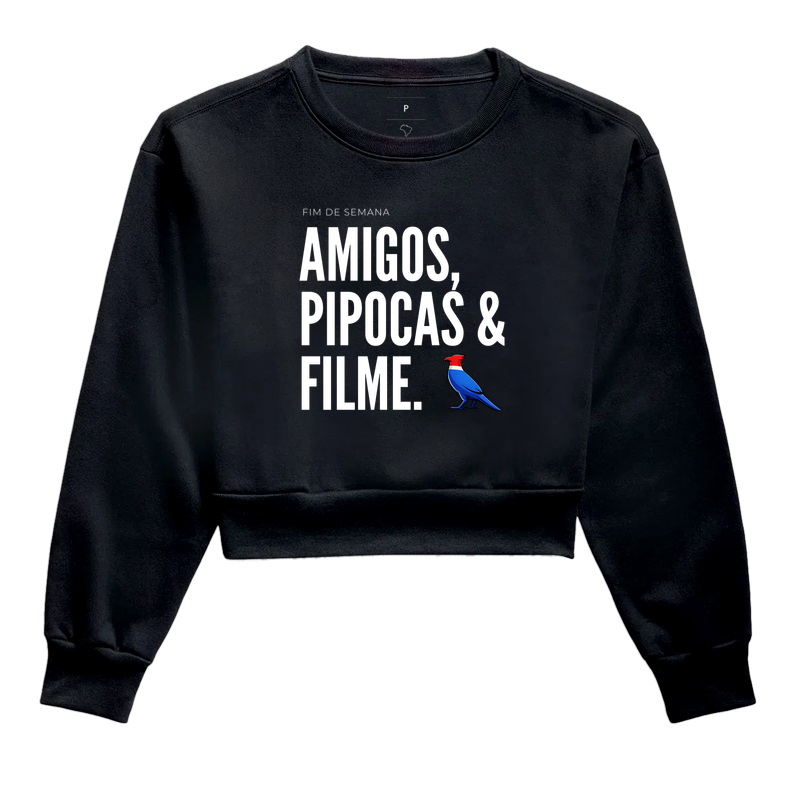  Essa estampa combina com quem tem um estilo urbano e alegre. É uma peça que comunica personalidade e bom humor, ótima para usar em encontros de fim de semana ou para presentear alguém que adora cinema e diversão.  - Cropped Moletom