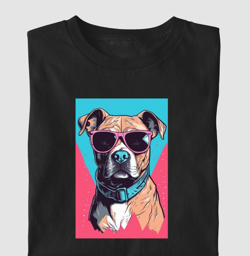 Pit bull de óculos escuro fundo azul e rosa