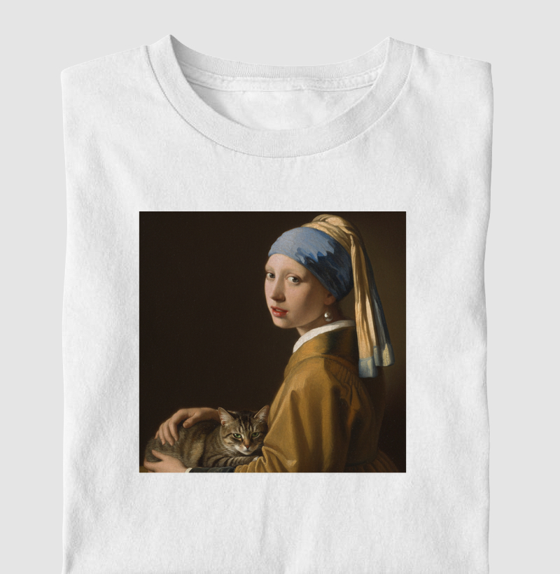 Moça com brinco de pérola e gato no colo