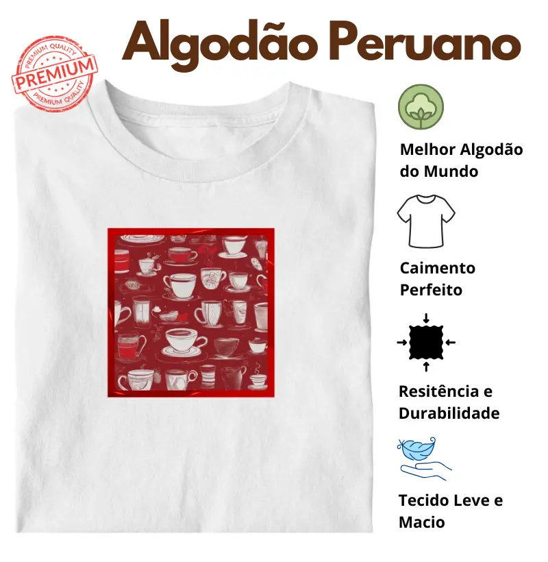 Camiseta Xícaras Fundo Vermelho Algodão Peruano