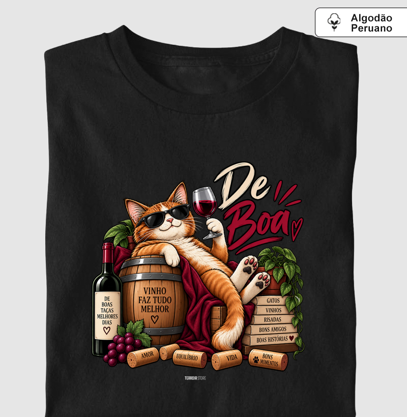 Camiseta “De Boa” Gato com Vinho – Estilo Relax & Life Mood