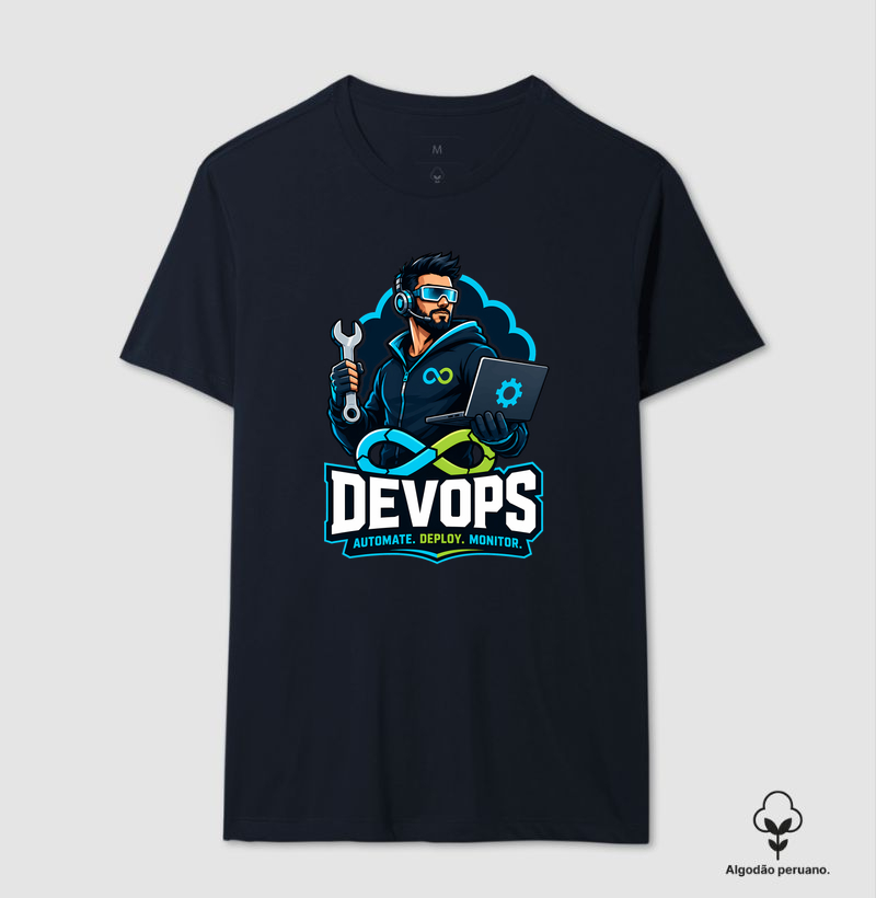 Camiseta DevOps em Algodão Peruano — Automate, Deploy, Monitor