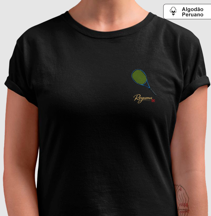 Camiseta Masculina, Feminina, Babylook e Unissex de Algodão Peruano Tênis "Raquete Neon" 
